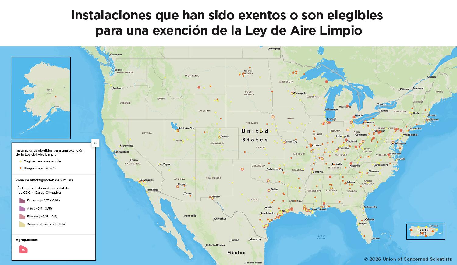 Mapa de EE.UU. que muestra instalaciones exentas de la Ley de Aire Limpio