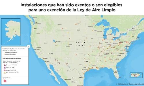 Mapa de EE.UU. que muestra instalaciones exentas de la Ley de Aire Limpio